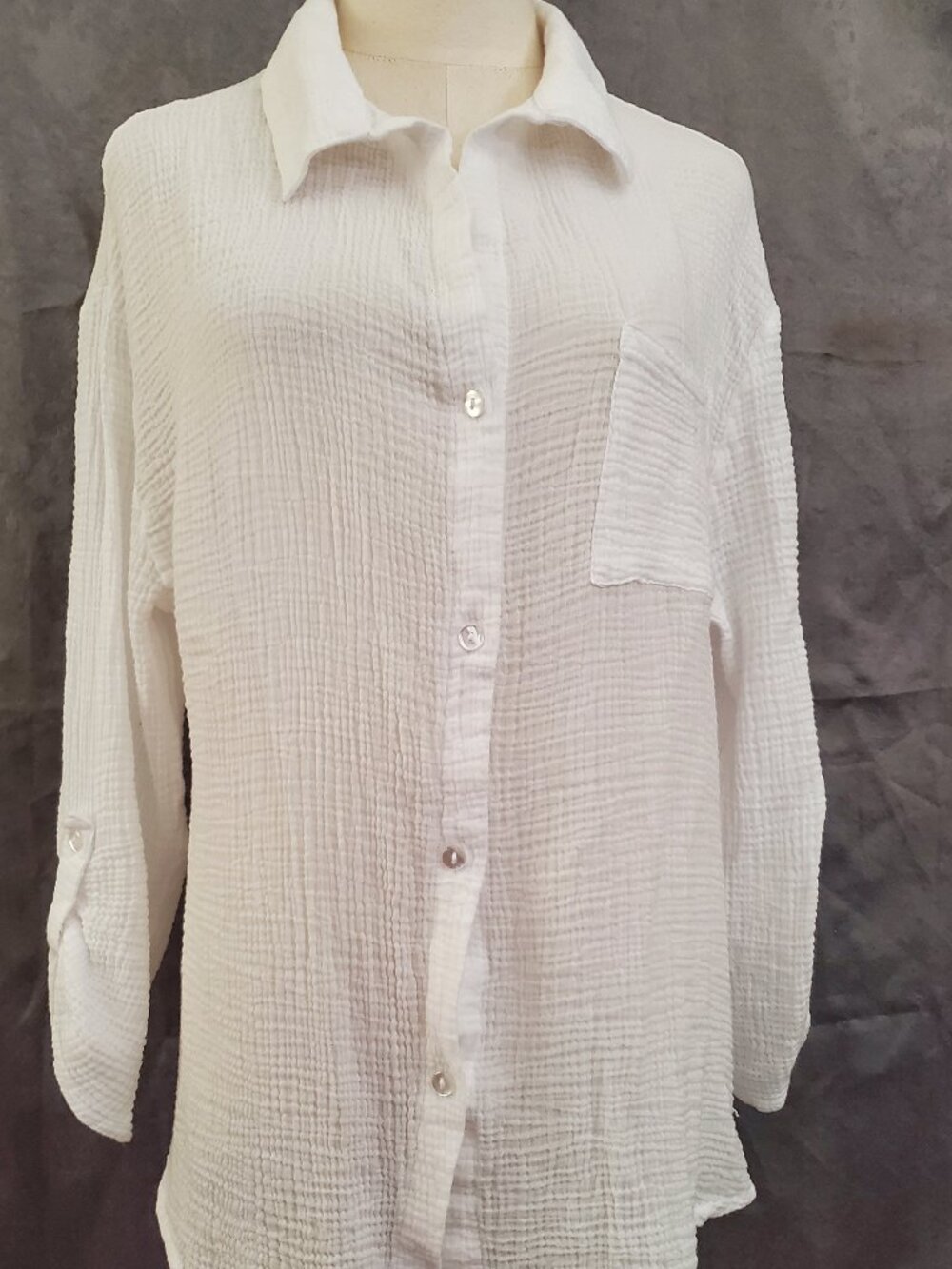 Tahiti Womens Medium White Gauze Cotton Button Up Shirt Roll Tab Sleeve Blouse